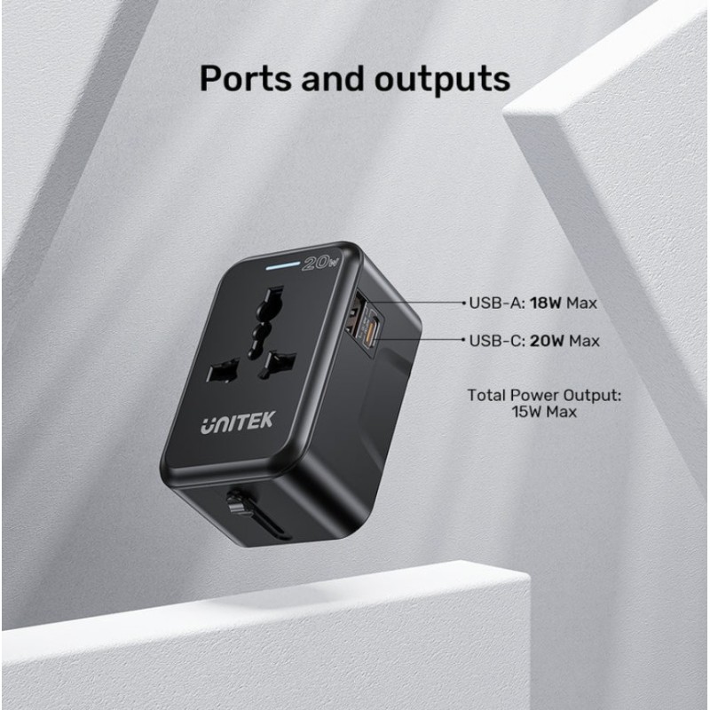 Unitek Universal Travel Charger - P1120A - 20W USBC+USBA Black — Buy in Cyprus with Fast Delivery