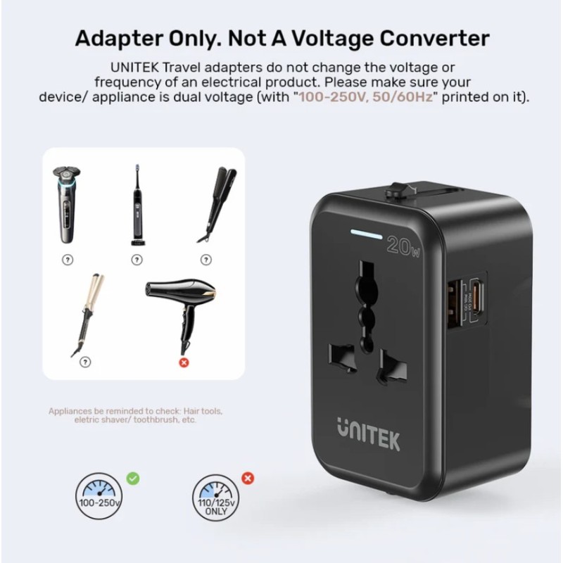 Unitek Universal Travel Charger - P1120A - 20W USBC+USBA Black — Buy in Cyprus with Fast Delivery