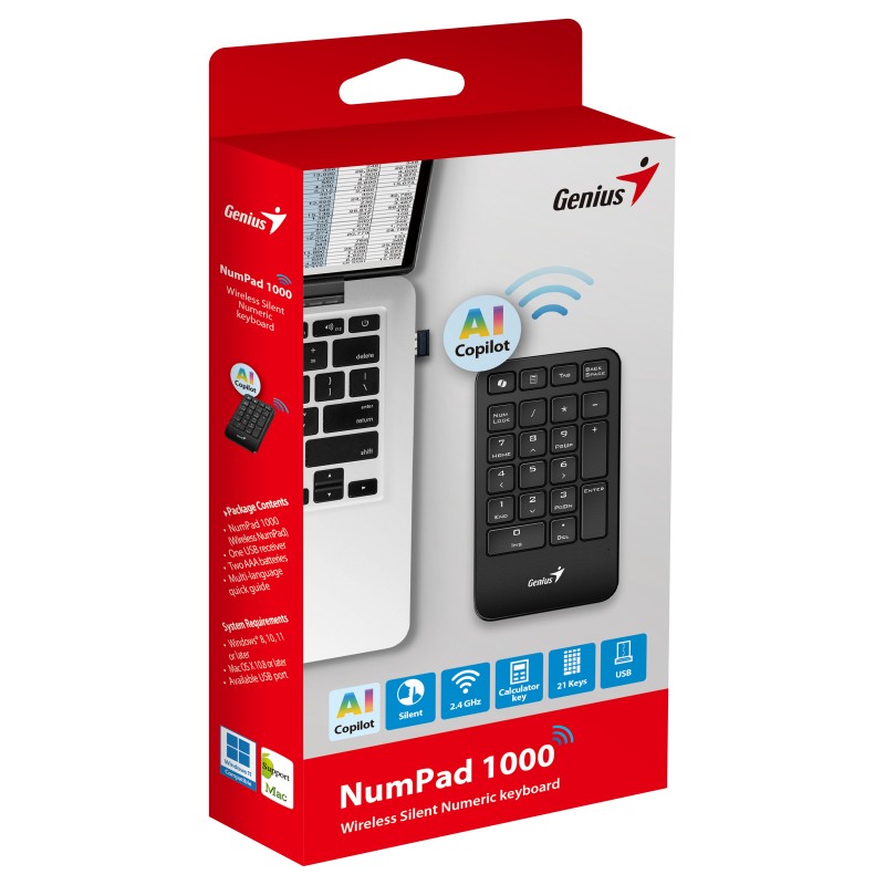 Genius Keyboard Numeric Pad Wireless AI with Palm Rest - 1000 - Genius Keyboard Numeric Pad Wireless AI with Palm Rest
