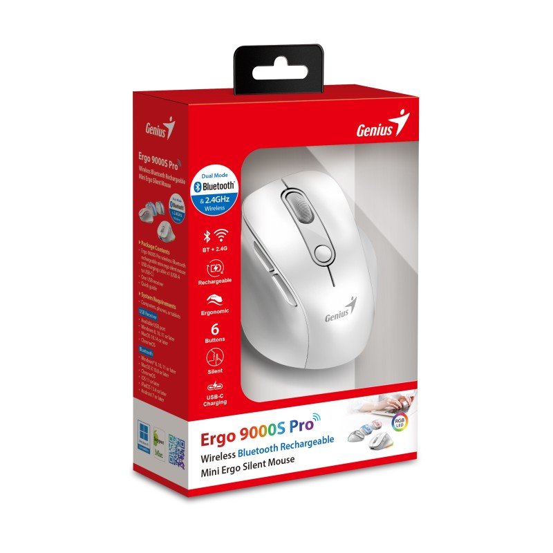 Genius Mouse - 9000S Pro - Wireless+BT Rechargeable Mini RGB Ergo White — Buy in Cyprus with Fast Delivery