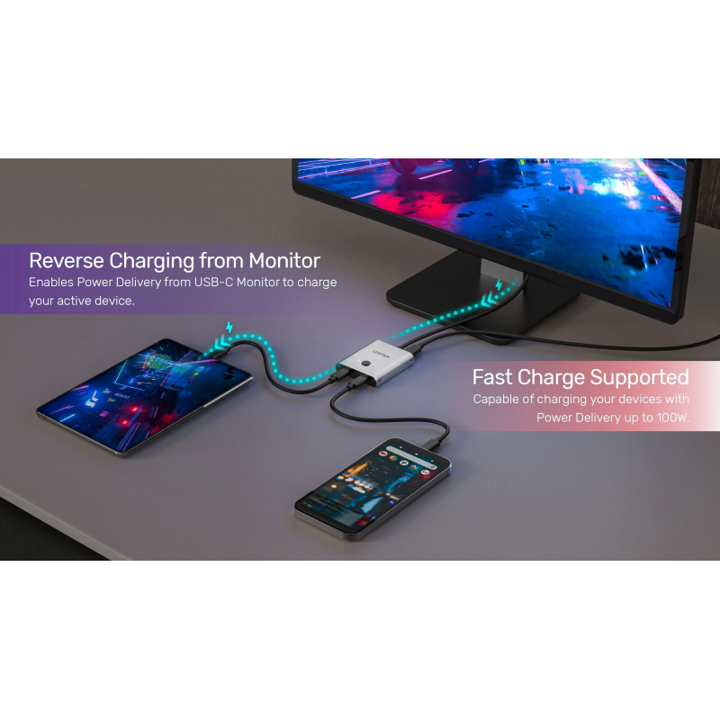 Unitek USB-C Splitter/Switch - D1078A - 4K USB-C Splitter 1in-2out or Switch 2in-1out Supports 100W PD