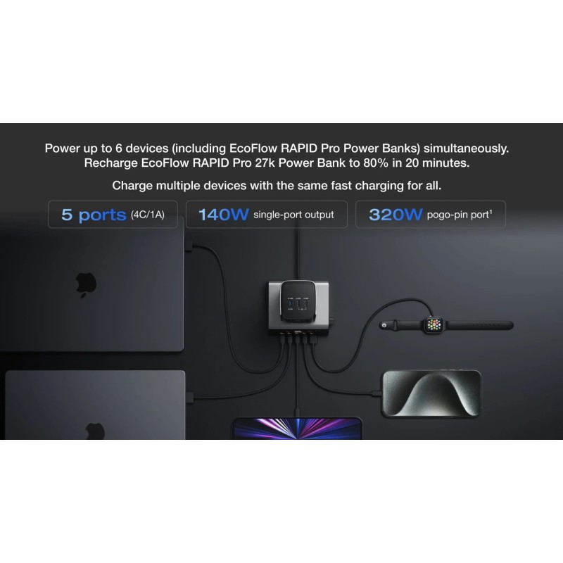 EcoFlow RAPID Pro Desktop Charger 320W - Can Charge 6 devices at once including RAPID Pro Powerbanks in 20mins - LCD ...