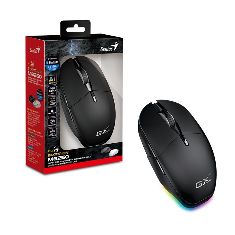 Genius Mouse - M8250 - Wireless+BT Recharg RGB AI 3200DPI Scorpion Black — Buy in Cyprus with Fast Delivery