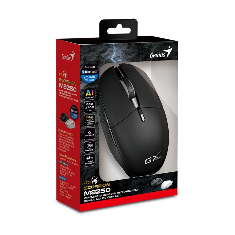 Genius Mouse - M8250 - Wireless+BT Recharg RGB AI 3200DPI Scorpion Black — Buy in Cyprus with Fast Delivery