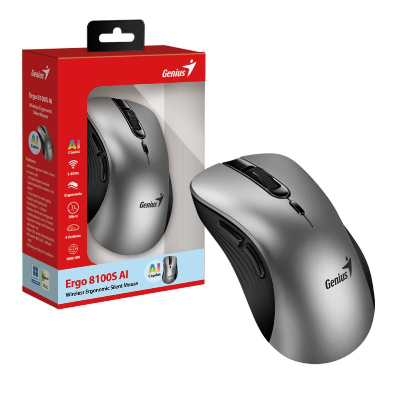Genius Wireless Silent AI Ergonomic Mouse - 8100S - with Thumb & Finger Rest Silver — Buy in Cyprus with Fast Delivery