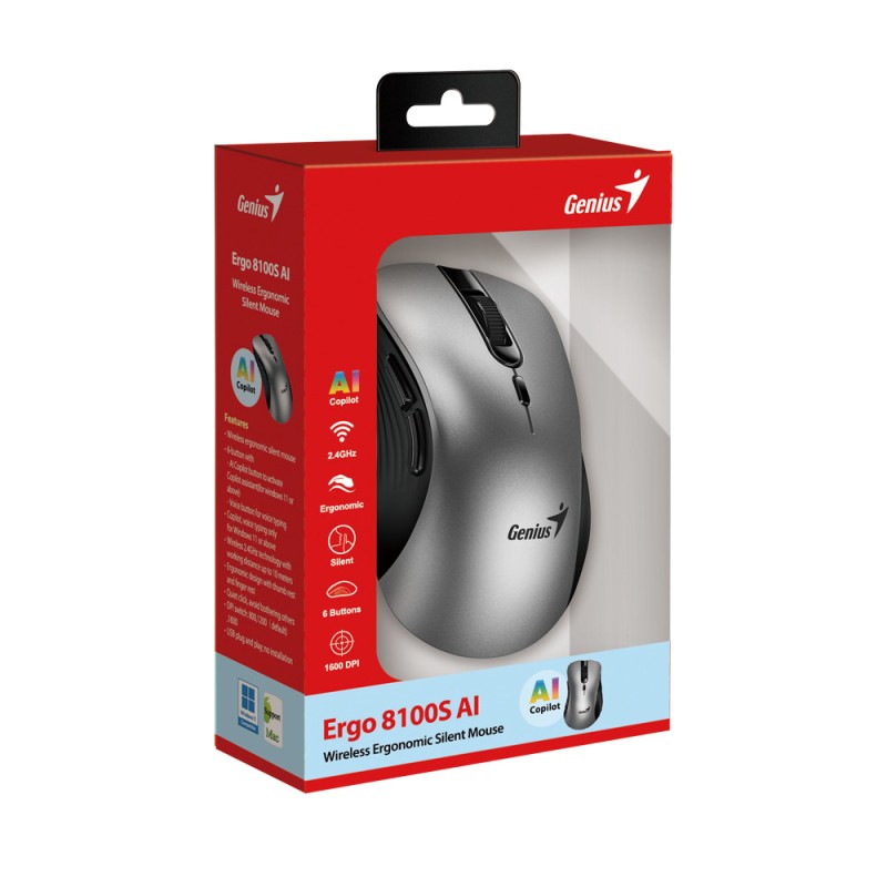 Genius Wireless Silent AI Ergonomic Mouse - 8100S - with Thumb & Finger Rest Silver — Buy in Cyprus with Fast Delivery