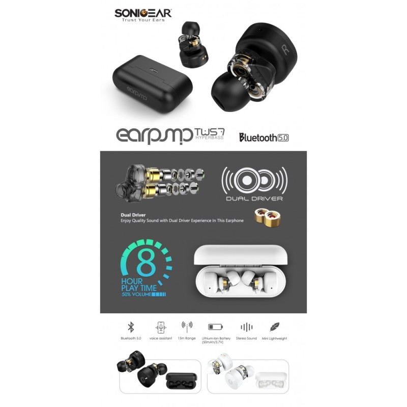 SonicGear HYPERBASS Earphones - TWS 7 - Dual Driver, Sweatproof, Black — Buy in Cyprus with Fast Delivery