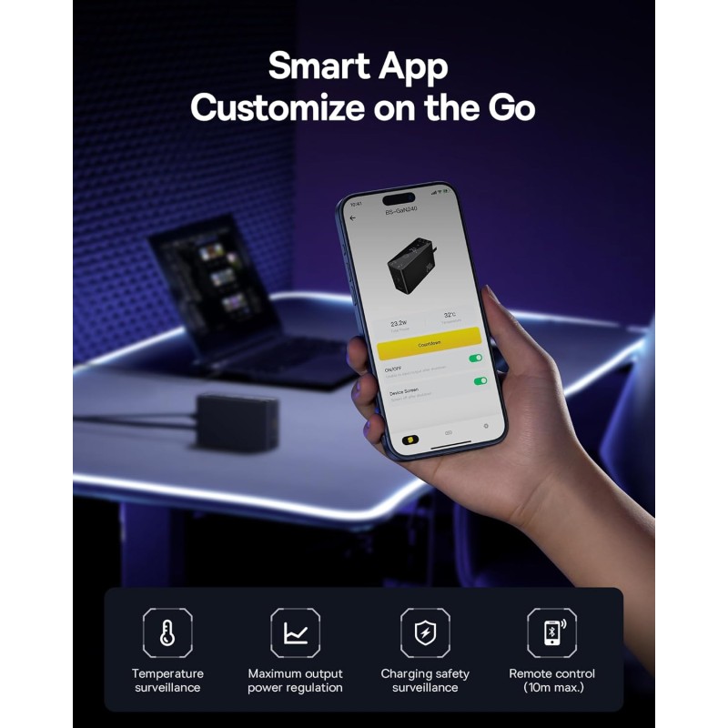 Baseus Desktop Charger 240W 3C+U+DC Touch Display & App Control incl 240W Charging Cable - Can Charge two Laptops