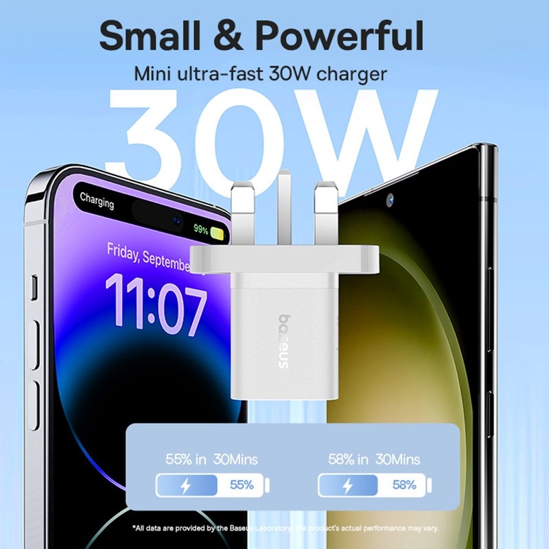 Baseus Charger Wall - GaN5 - 30W USB-C UK MINI White — Buy in Cyprus with Fast Delivery