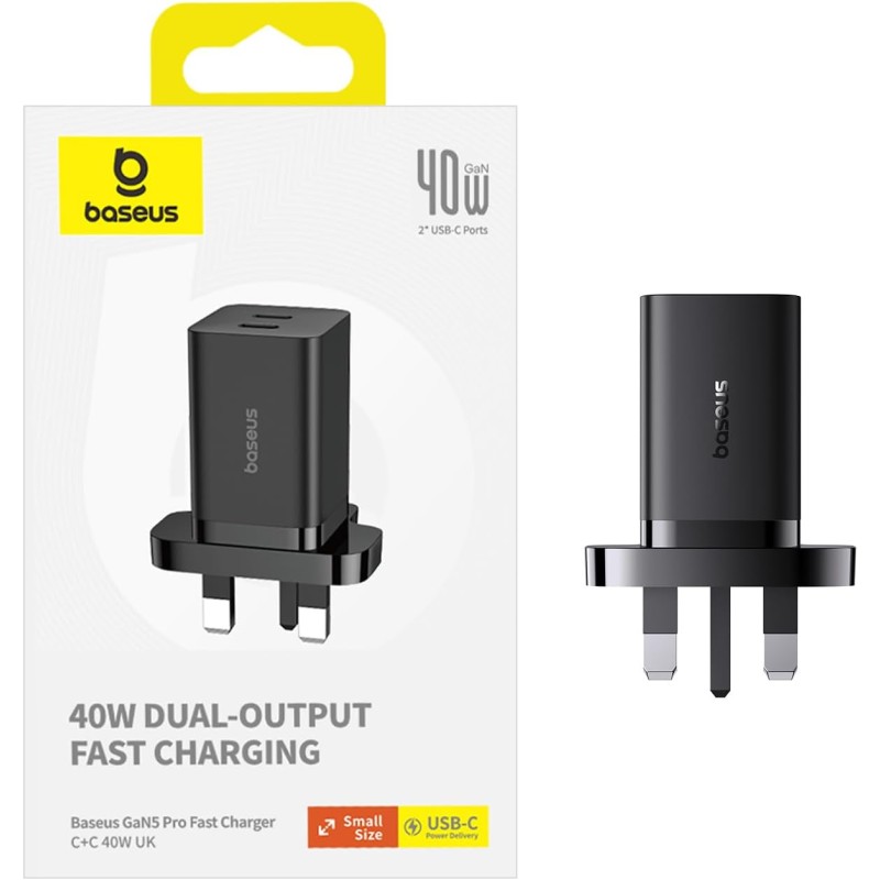Baseus Charger - GaN5 - Wall 40W USB-Cx2 UK MINI Black — Buy in Cyprus with Fast Delivery