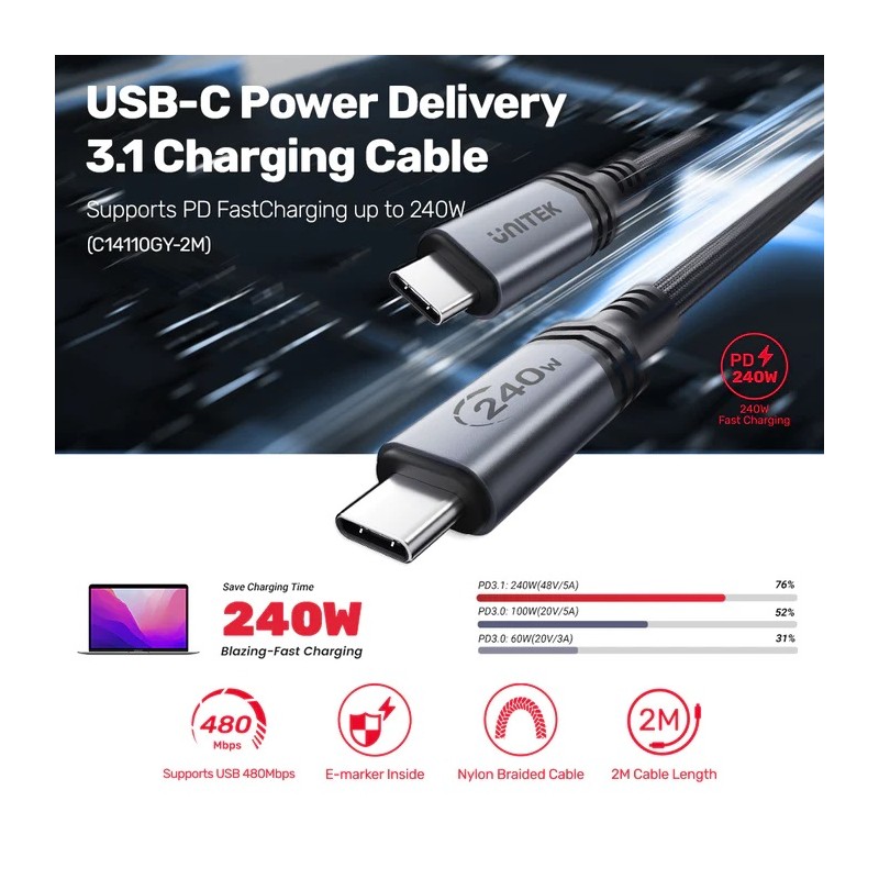 Unitek MC USB-C Cable - C14110GY-2M - PD240W USB3.1 E-Marker 2.0m — Buy in Cyprus with Fast Delivery