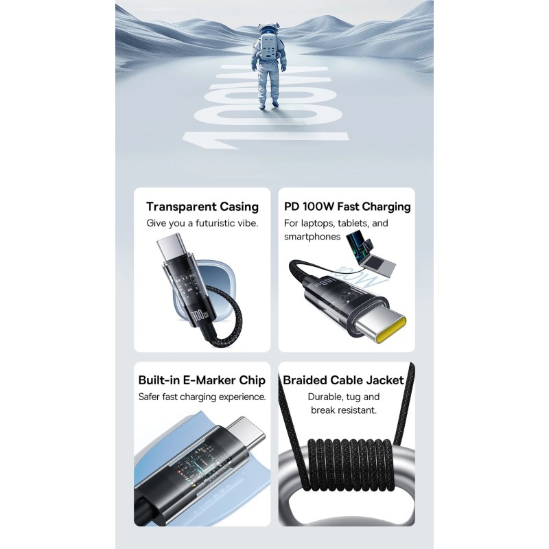 Baseus Cable USB-C to USB-C Gem Series 100W 1.0m Black - USB-C to USB-C, 100W, 1.0m, Black — Buy in Cyprus with Fast Delivery