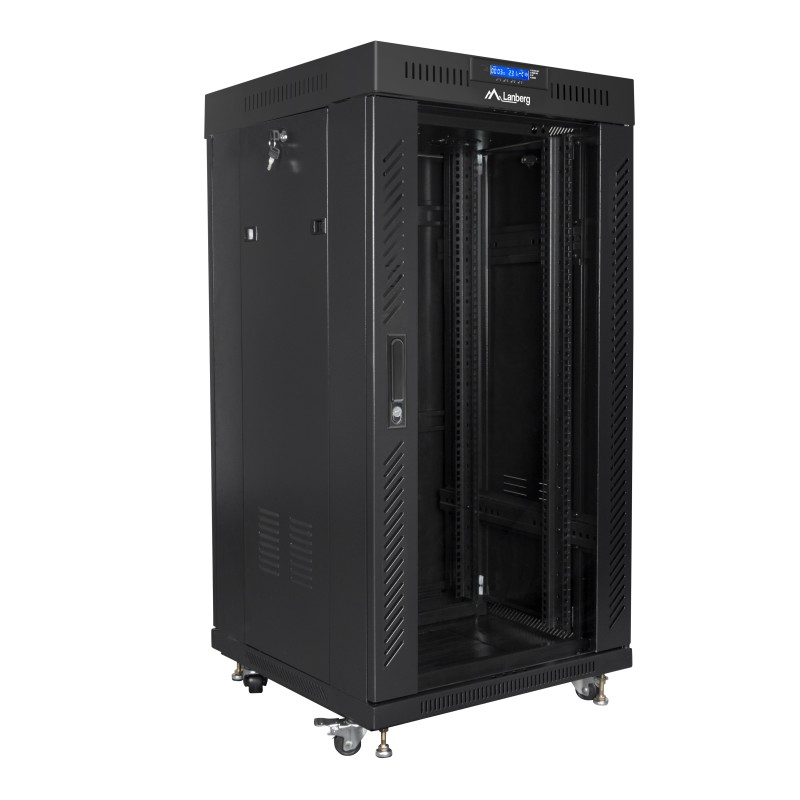 Lanberg Free Standing Cabinet 19'' with Glass Door 22U 60cm Ventilation Panel with LCD, 2 Fans & Thermostat Black (no...