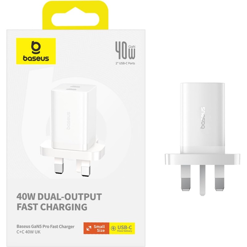 Baseus Charger Wall 40W USB-Cx2 UK MINI White - GaN5 - 40W USB-Cx2 UK MINI White — Buy in Cyprus with Fast Delivery