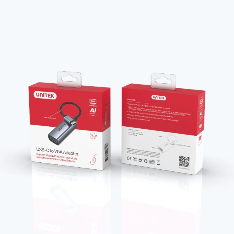 Unitek Converter USB-C to VGA - V1413A - Aluminium Braided — Buy in Cyprus with Fast Delivery