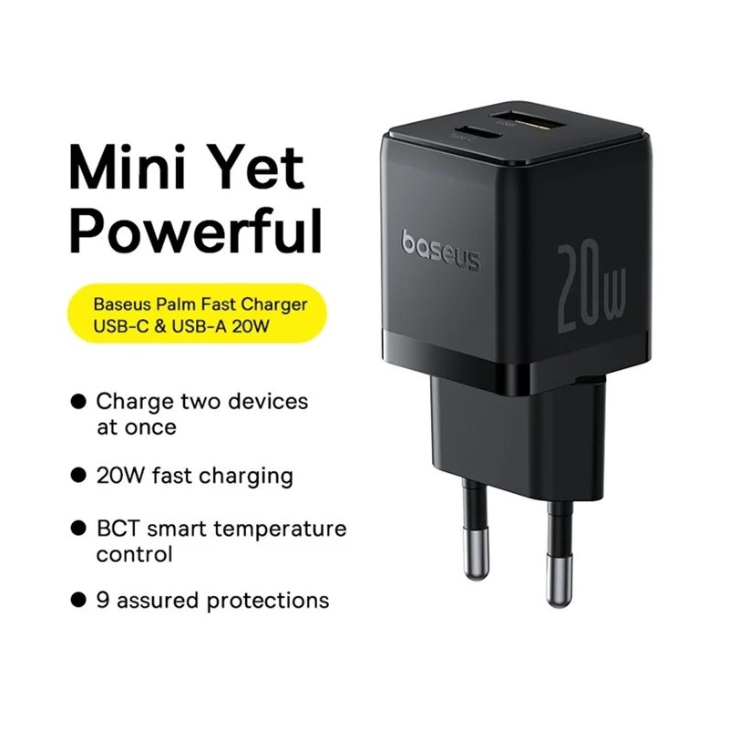 Baseus Charger Wall 20W USB-C USB-A PALM Series EU Black - 20W, USB-C, USB-A, PALM Series, EU, Black