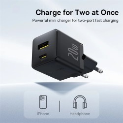 Baseus Charger Wall 20W USB-C USB-A PALM Series EU Black - 20W, USB-C, USB-A, PALM Series, EU, Black