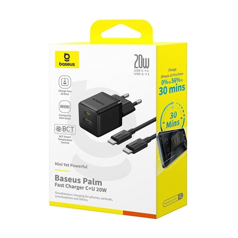 Baseus Charger Wall 20W USB-C USB-A PALM Series EU Black - 20W, USB-C, USB-A, PALM Series, EU, Black