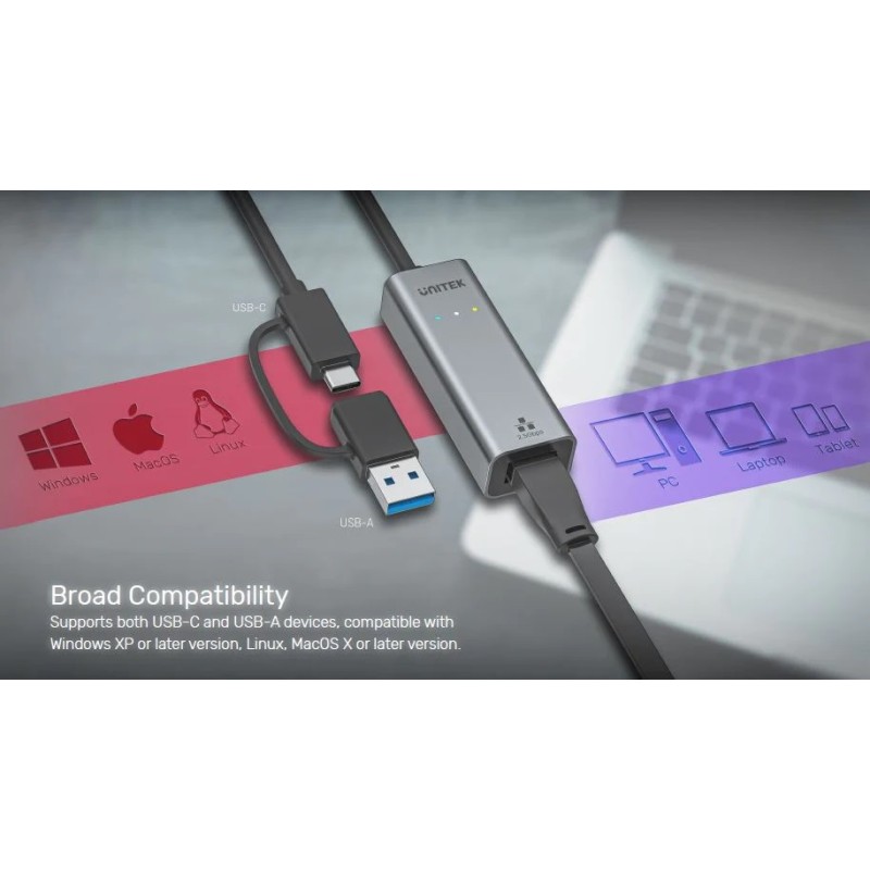 Unitek Converter - U1313C - USB-C to LAN 2.5Gb Ethernet+USB-A — Buy in Cyprus with Fast Delivery