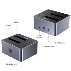 Unitek HDD Docking Station - Y-3027 - USB-C 3.1 10Gbps SATA6G Dual Bay Aluminium (Silver) — Buy in Cyprus with Fast Delivery