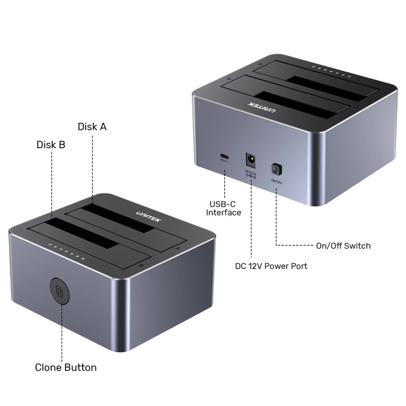 Unitek HDD Docking Station - Y-3027 - USB-C 3.1 10Gbps SATA6G Dual Bay Aluminium (Silver) — Buy in Cyprus with Fast Delivery