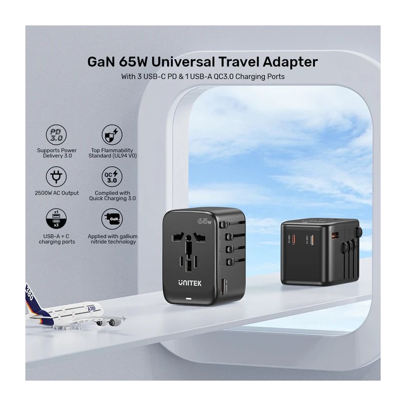 Unitek Charge Wall 65W Travel Adapter 3xUSBC+USBA Black - P1122A - 65W, Travel, 3xUSBC+USBA, Black