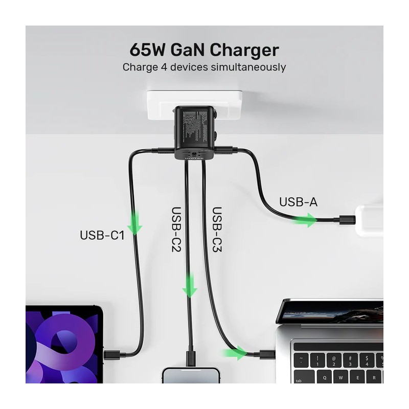 Unitek Charge Wall 65W Travel Adapter 3xUSBC+USBA Black - P1122A - 65W, Travel, 3xUSBC+USBA, Black