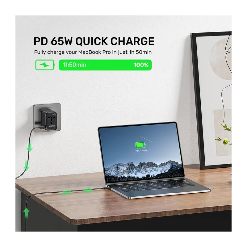 Unitek Charge Wall 65W Travel Adapter 3xUSBC+USBA Black - P1122A - 65W, Travel, 3xUSBC+USBA, Black