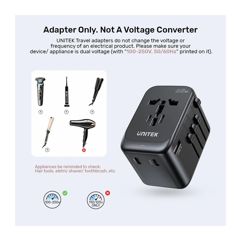Unitek Charge Wall 65W Travel Adapter 3xUSBC+USBA Black - P1122A - 65W, Travel, 3xUSBC+USBA, Black