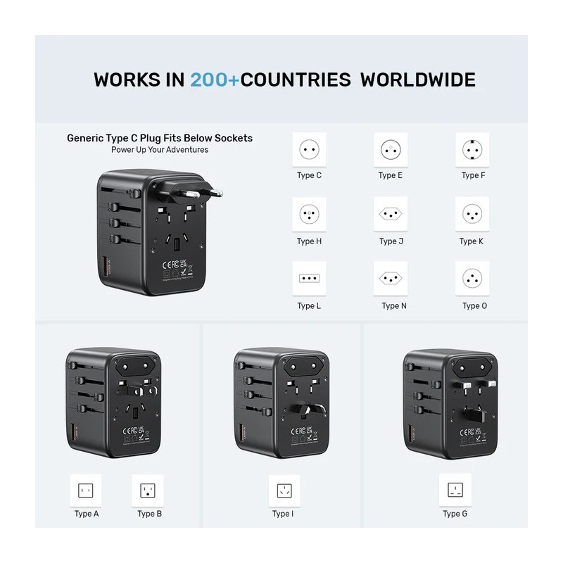 Unitek Charge Wall 65W Travel Adapter 3xUSBC+USBA Black - P1122A - 65W, Travel, 3xUSBC+USBA, Black