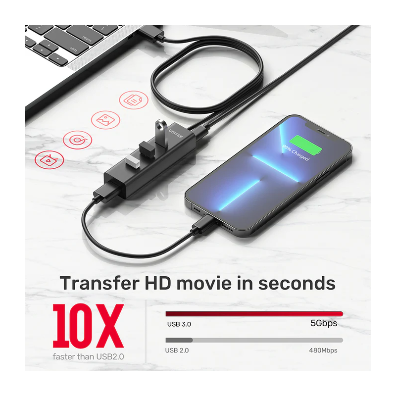 Unitek - Y-3089 - 4x USB-A 3.0 Ports & 1x USB-C Power Port with 1.2m Cable — Buy in Cyprus with Fast Delivery