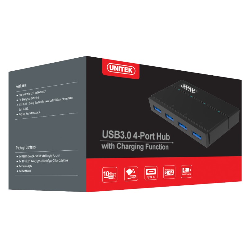 Unitek USB3.0 4-Port Hub Incl 12VA2A Power Adaptor - Y-HB03001 - USB3.0 4-Port Hub Incl 12VA2A Power Adaptor