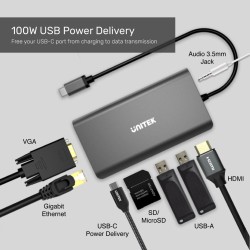 Unitek Type-C Hub - D1019A - USB3.1 with HDMI VGA GB SD PD100W — Buy in Cyprus with Fast Delivery