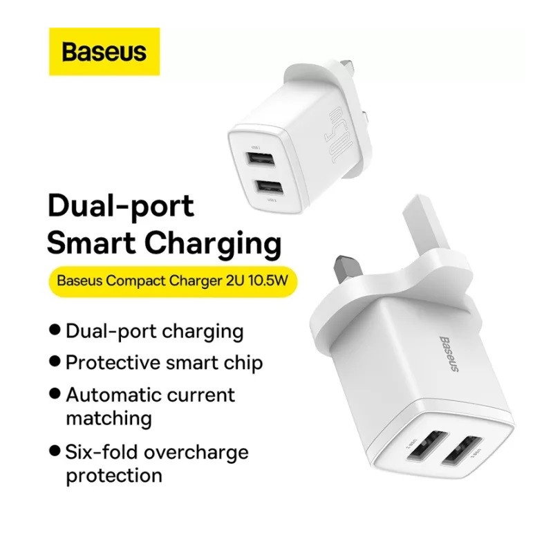 Baseus Charger Wall - 2xUSBA - 2.1A - UK - White — Buy in Cyprus with Fast Delivery