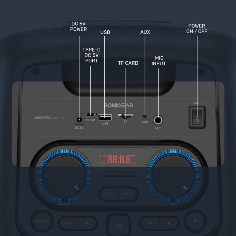 SonicGear 2 x 8'' Portable Karaoke Speaker with Voice Changer - AudioXPro800HD - 2 x Wireless Microphones included