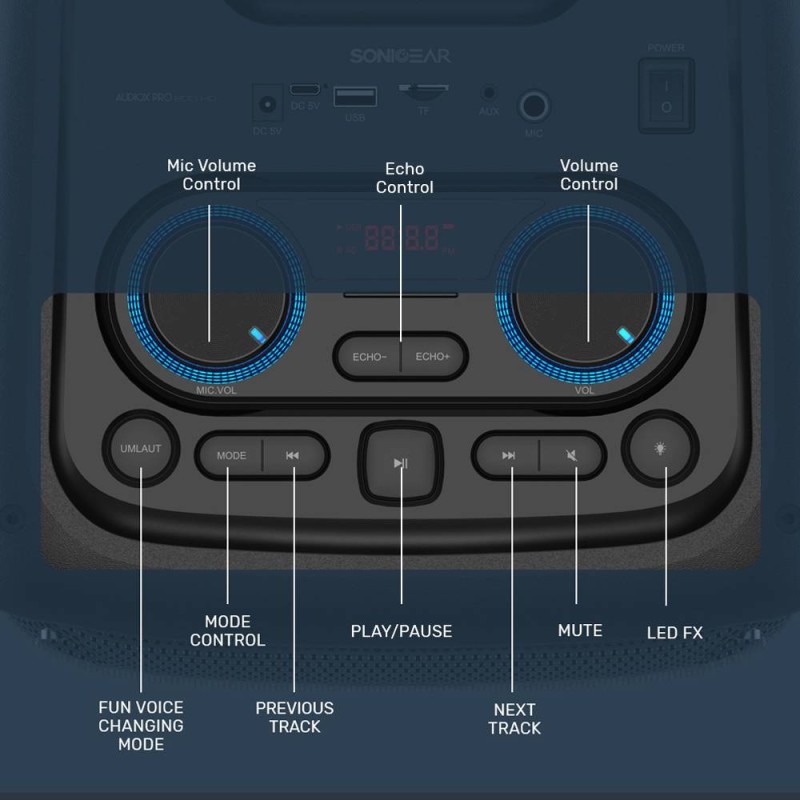 SonicGear 2 x 8'' Portable Karaoke Speaker with Voice Changer - AudioXPro800HD - 2 x Wireless Microphones included