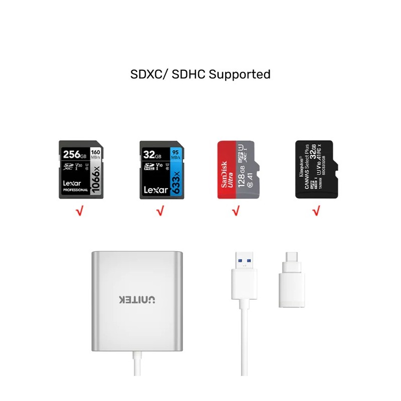 Unitek Card Reader - Y-9313D - USB-A C 3.0 Aluminium SD Micro SD CF Card Reader — Buy in Cyprus with Fast Delivery