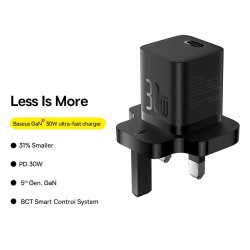 Baseus Charger Wall 30W USB-C UK MINI GaN5 Black - Wall UK 30W USB-C MINI GaN5 Black — Buy in Cyprus with Fast Delivery