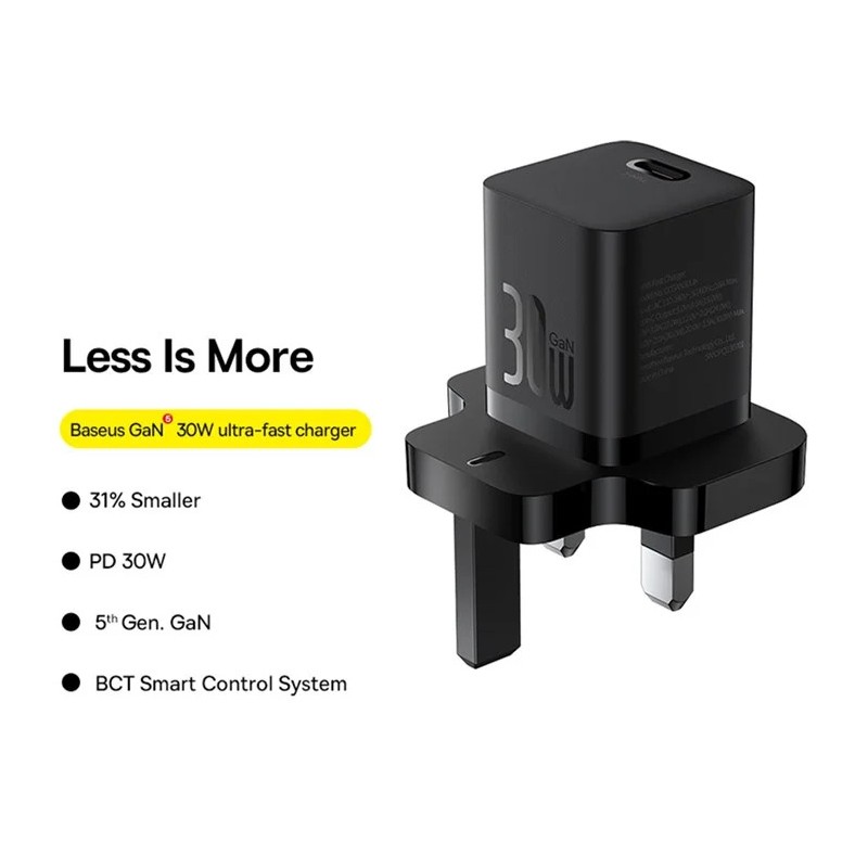 Baseus Charger Wall 30W USB-C UK MINI GaN5 Black - Wall UK 30W USB-C MINI GaN5 Black — Buy in Cyprus with Fast Delivery