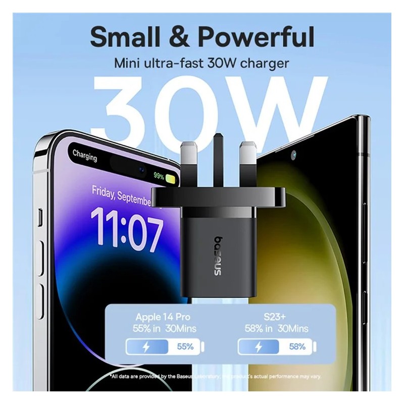 Baseus Charger Wall 30W USB-C UK MINI GaN5 Black - Wall UK 30W USB-C MINI GaN5 Black — Buy in Cyprus with Fast Delivery