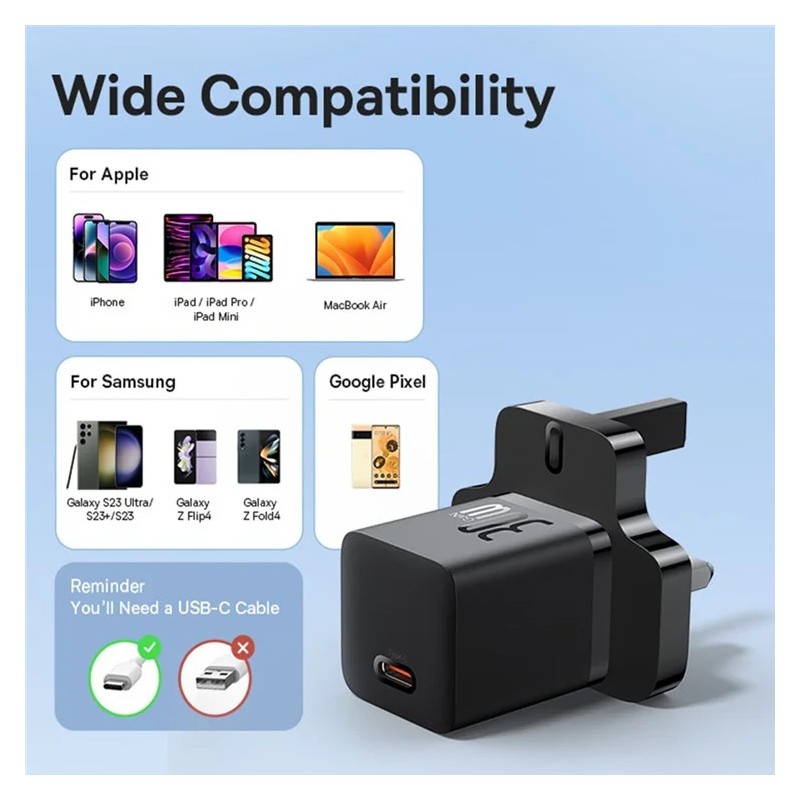 Baseus Charger Wall 30W USB-C UK MINI GaN5 Black - Wall UK 30W USB-C MINI GaN5 Black — Buy in Cyprus with Fast Delivery