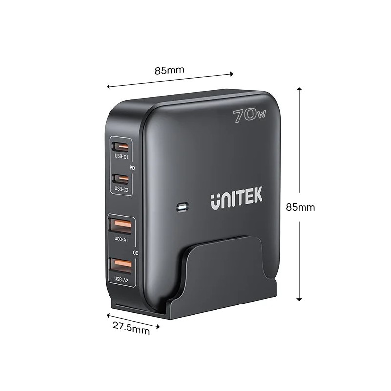 Unitek Desktop 4in1 70W GaN Charger 2xUSB-C 2xUSB-A Ports - P1228ABK - Black — Buy in Cyprus with Fast Delivery