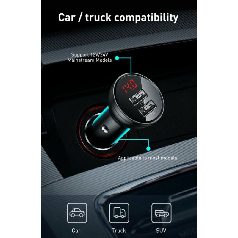 Baseus Digital Display Dual USB 24W Car Charger - Black — Buy in Cyprus with Fast Delivery