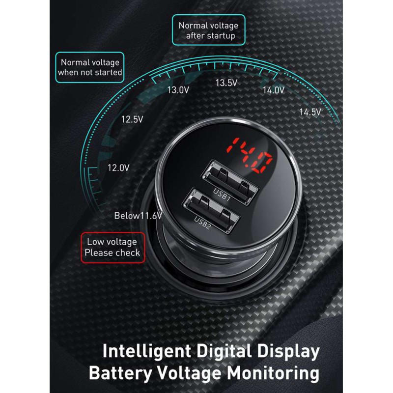 Baseus Digital Display Dual USB 24W Car Charger - Black — Buy in Cyprus with Fast Delivery