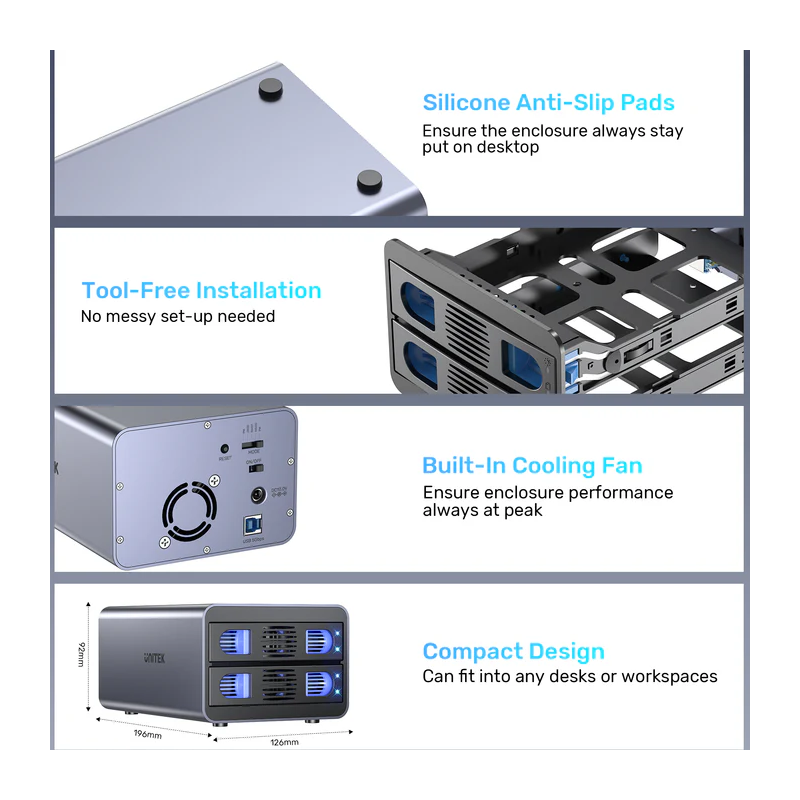 Unitek USB-A 2-Bay External SATA HDD Enclosure - S1308B - with RAID — Buy in Cyprus with Fast Delivery