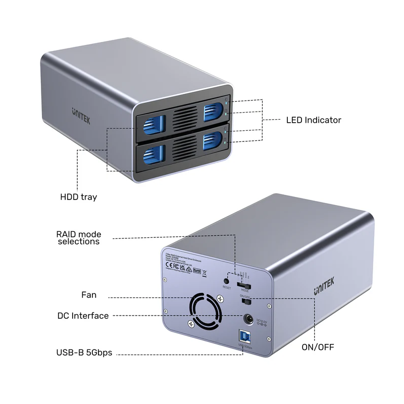 Unitek USB-A 2-Bay External SATA HDD Enclosure - S1308B - with RAID — Buy in Cyprus with Fast Delivery