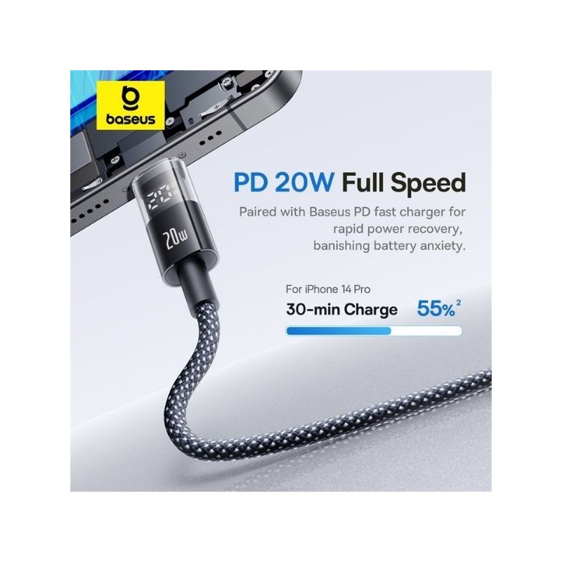 Baseus Cable Lightning to USB-C Display 2 Series Braided 20W 1.0m Black - Lightning to USB-C, Braided, 20W, 1.0m, Black