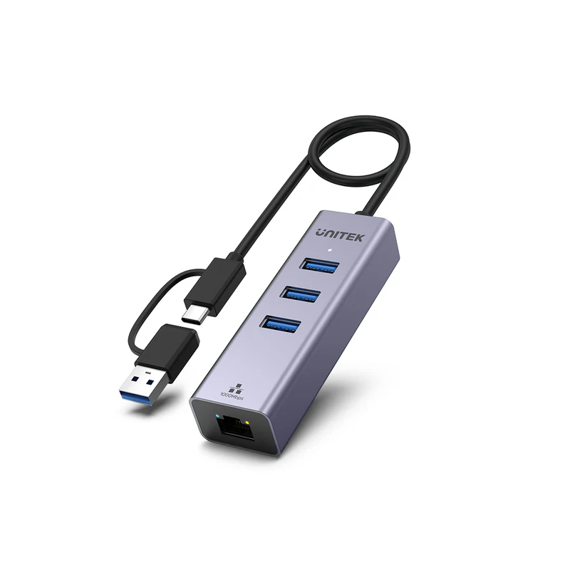 Unitek USB-C Hub USB3.0 3-Port & Gigabit LAN + USBA Adaptor - Y-3088B - USB-C Hub USB3.0 3-Port & Gigabit LAN + USBA Adaptor