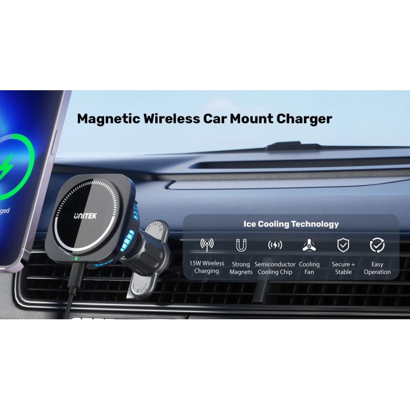 Unitek Wireless 15W MagSafe Car Mount Kit with Cooling Fan + 38W Charger & USB-Cable P1403A — Buy in Cyprus with Fast Delivery
