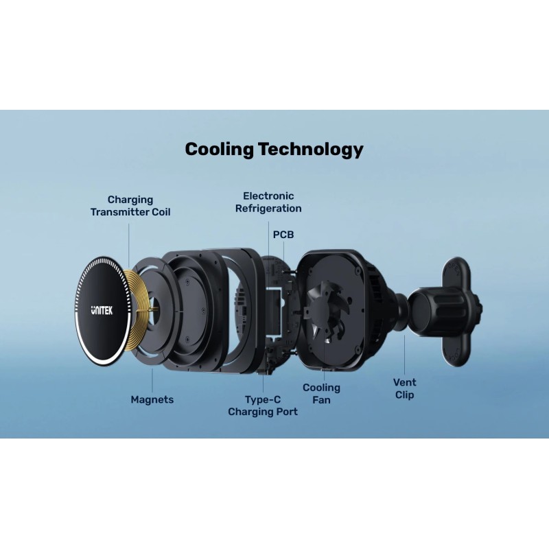 Unitek Wireless 15W MagSafe Car Mount Kit with Cooling Fan + 38W Charger & USB-Cable P1403A — Buy in Cyprus with Fast Delivery